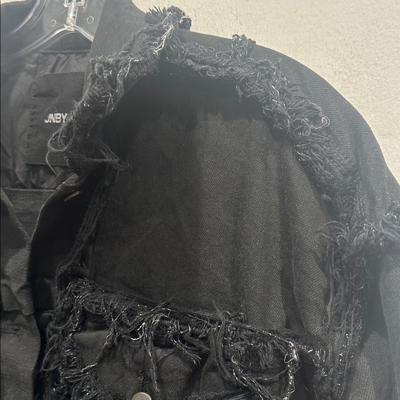 JNBY black distressed denim jean jacket pockets stretch rocker goth punk small - Picture 7 of 16